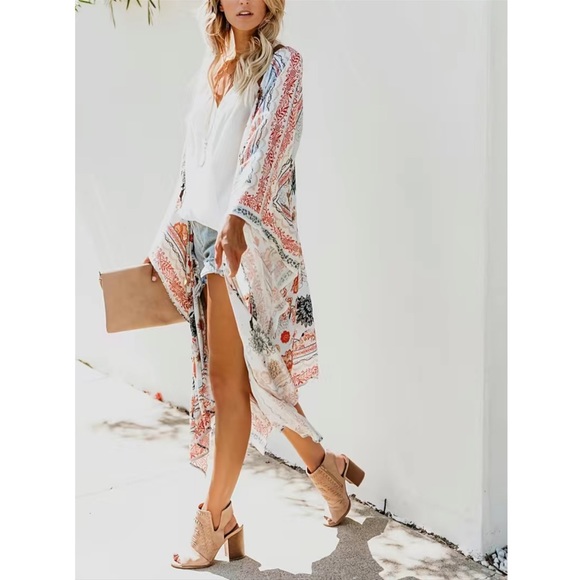 Boho Creamy White Floral Kimono Wrap Beach Coverup - Picture 2 of 16